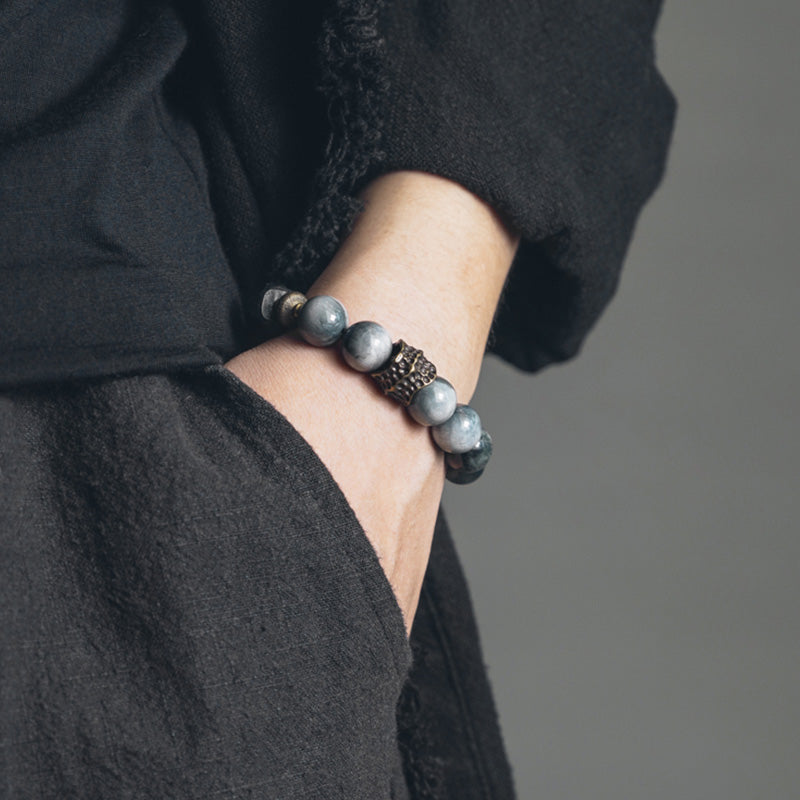 Bracelet de couple en cuivre et bois d'ébène avec pierre œil d'aigle et Buddha Stones