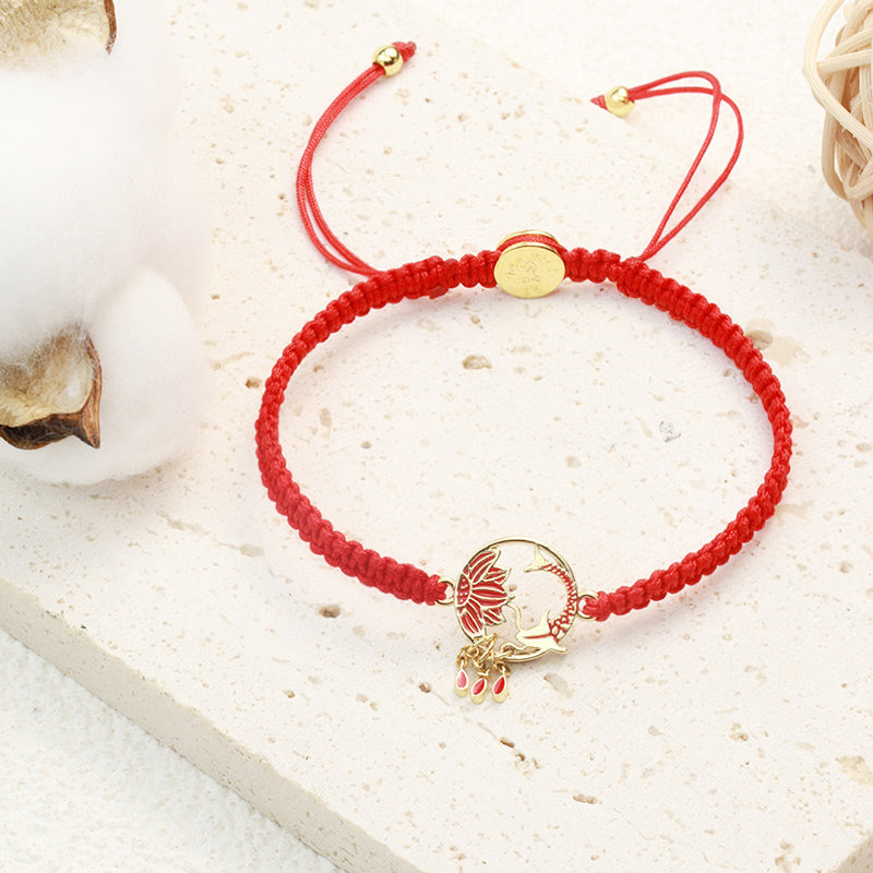 Bracelet tibétain en fil rouge porte-bonheur fait main avec Buddha Stones et poisson koi