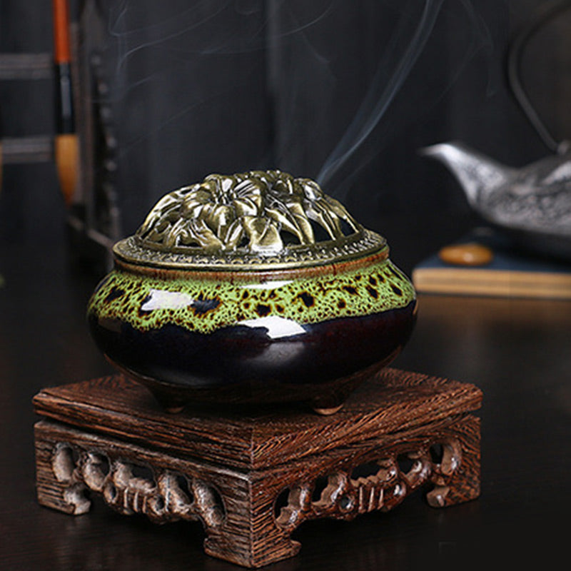 Brûleur d'encens en céramique à motif de fleurs et de Buddha Stones