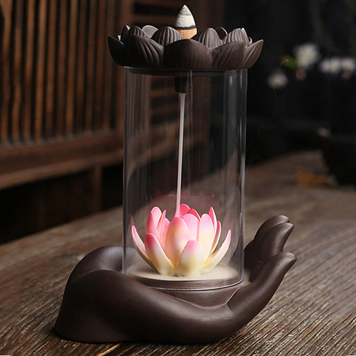 Buddha Stones Main de Bouddha Lotus Illumination Lumière LED Brûleur d'encens en céramique en argile violette Décoration