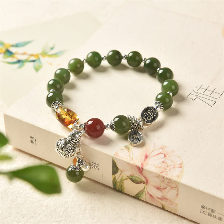 Bracelet de réussite en argent sterling 925 Buddha Stones et jade cyan Hetian
