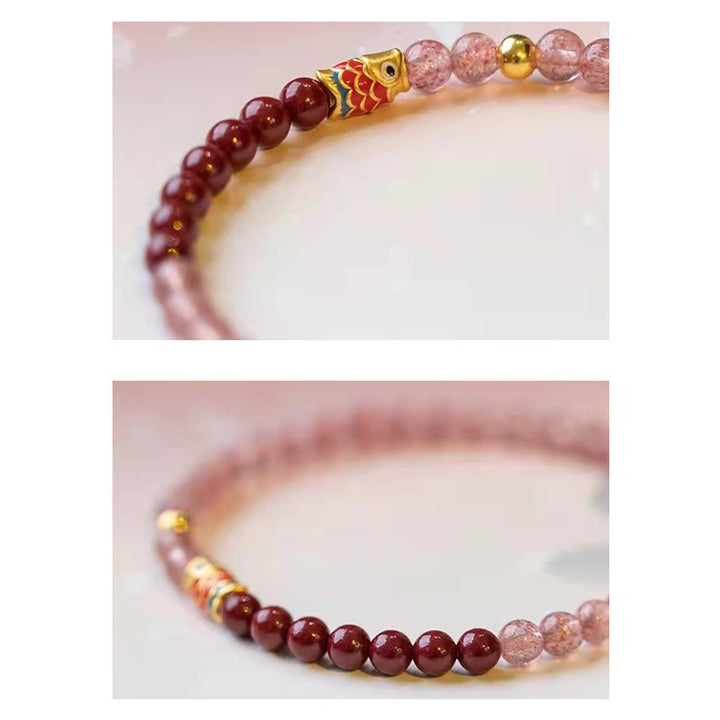 Bracelet de guérison porte-bonheur en quartz fraise et cinabre en Buddha Stones