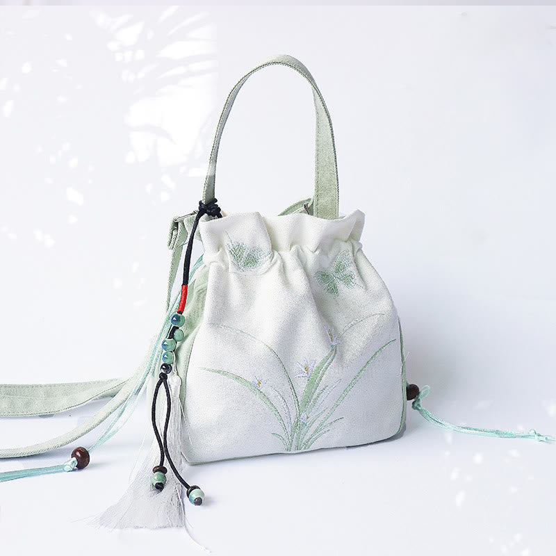 Sac à main en toile brodé à la main avec Buddha Stones et fleurs - Gazon vert et blanc 20*20cm - image 0