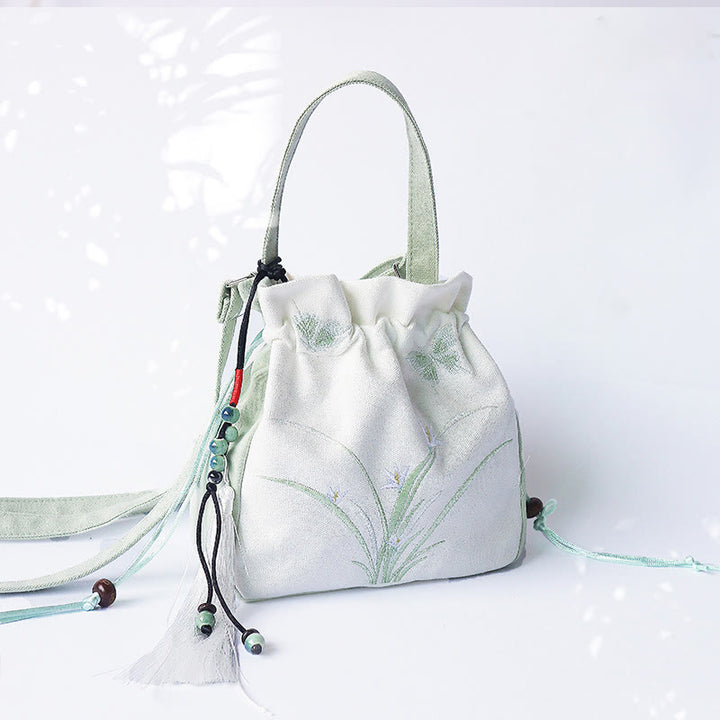 Sac à main en toile brodé à la main avec Buddha Stones et fleurs - Gazon vert et blanc 20*20cm - image 0