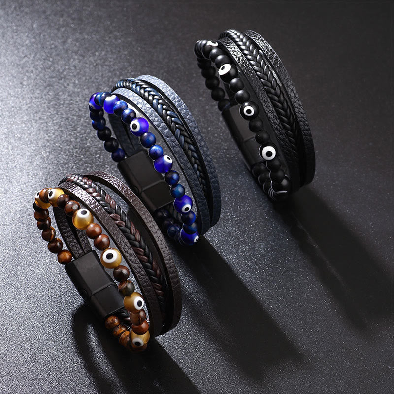 Bracelet tressé multicouches en perles de protection contre le mauvais œil et l'œil de tigre avec Buddha Stones