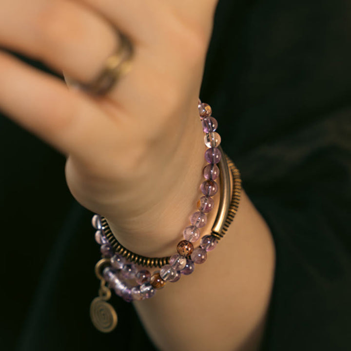 Bracelet en cuivre Love Forgive Buddha Stones quartz hématoïde rouge fantôme violet et quartz rutile vert