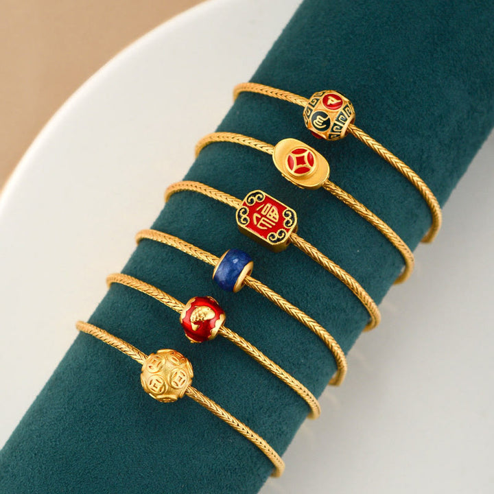 Bracelet tibétain en or 18 carats avec Buddha Stones Om Mani Padme Hum Lucky Koi Fish Fu Character Lingot Copper Coin Peace