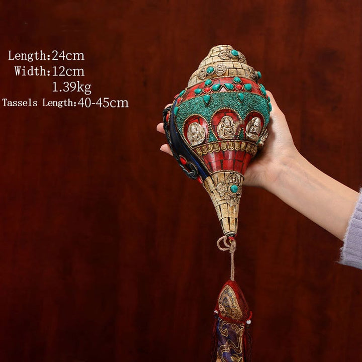 Tibétain fait à la main Shankha Om Mani Padme Hum bouddha Avalokitesvara coquille de conque Turquoise décoration positive - Turquoise blanche 24*12cm - image 16