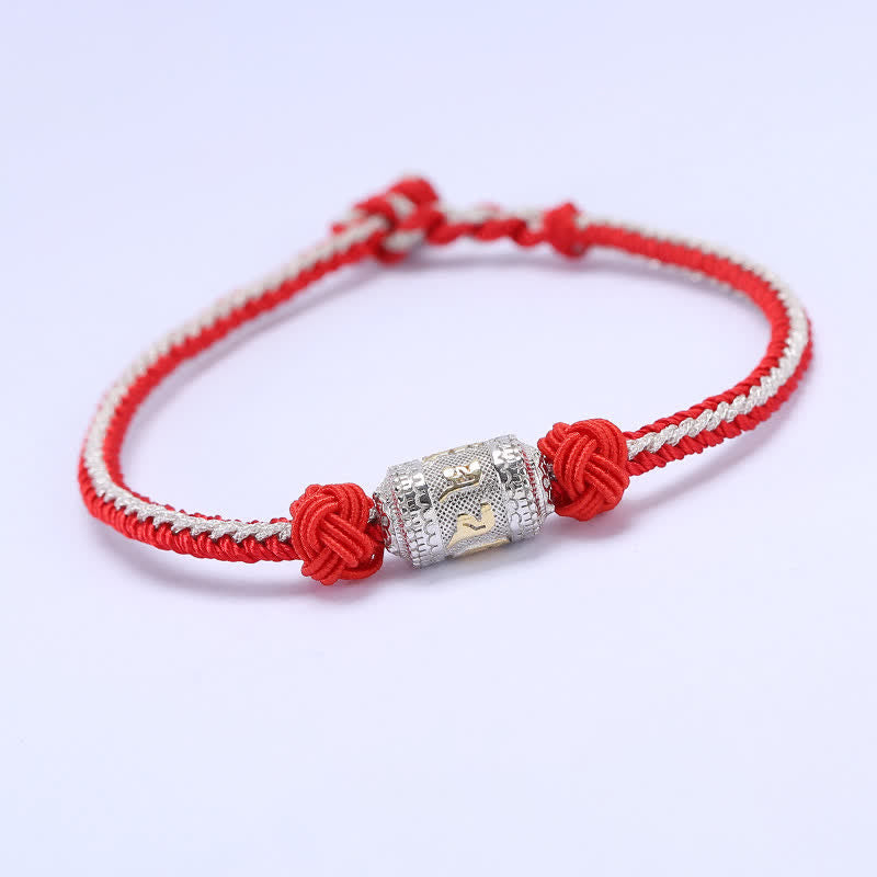 Bracelet en argent sterling 925 Buddha Stones et roue de prière Om Mani Padme Hum, chance et force, cordon rouge - Rouge et argent - 18 cm - image 10