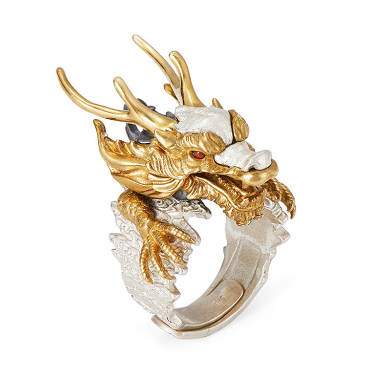 Pendentif bague réglable en argent sterling 925 Buddha Stones et dragon porte-bonheur et protection