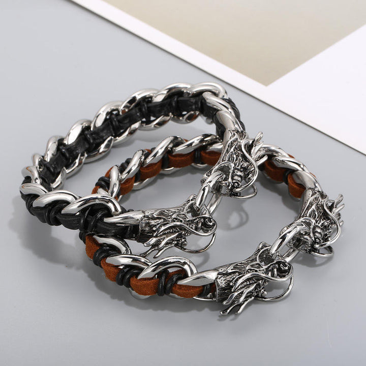 Bracelet tressé en cuir de dragon et acier titane pour protection et chance