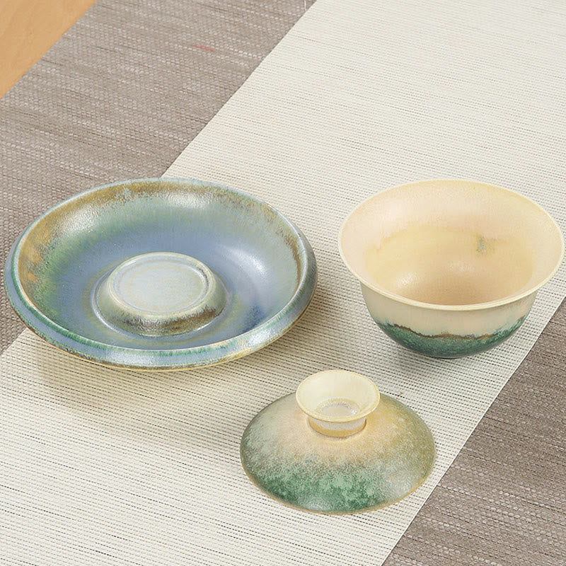 Tasse à thé et soucoupe en porcelaine avec motif de vagues de l'océan vert et Buddha Stones , tasse à thé Gaiwan Sancai en céramique Kung Fu avec couvercle