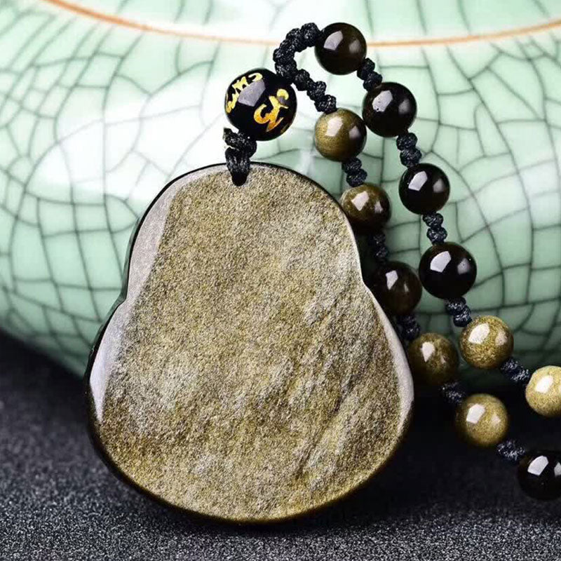 Buddha Stones Bouddha rieur Collier d'obsidienne à reflets d'or Pendentif de richesse - image 5