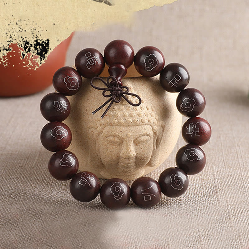 Bracelet de protection en argent sterling 925 avec petites feuilles incrustées de Buddha Stones en bois de santal rouge Om Mani Padme Hum et nuages de bon augure