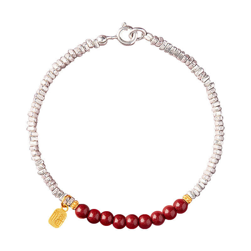 Bracelet de bénédiction du personnage Fu en argent sterling 925 et cinabre de Buddha Stones