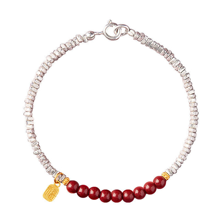 Bracelet de bénédiction du personnage Fu en argent sterling 925 et cinabre de Buddha Stones