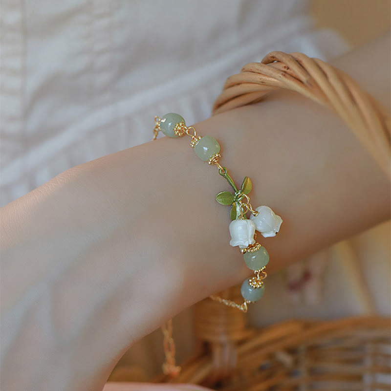 Bracelet chaîne de prospérité en perles de jade vert et muguet de Buddha Stones