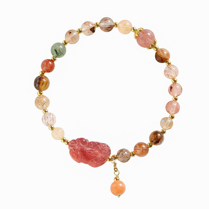 Bracelet de richesse PiXiu en quartz rutile naturel et quartz fraise Buddha Stones