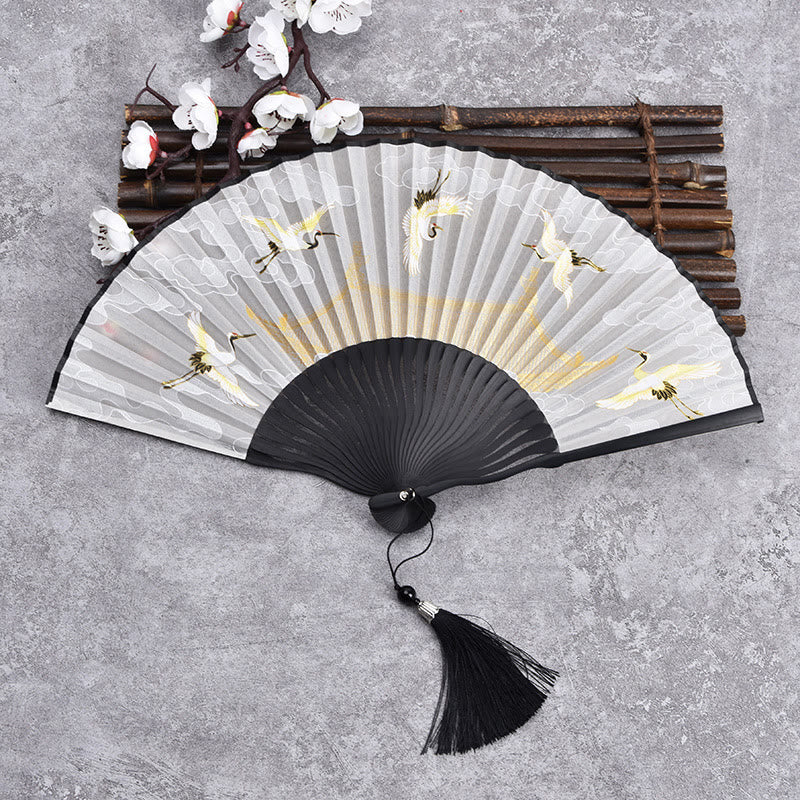 Éventail pliant en bambou à motif de grue nuageuse vintage Buddha Stones - Bambou beige et noir - image 8