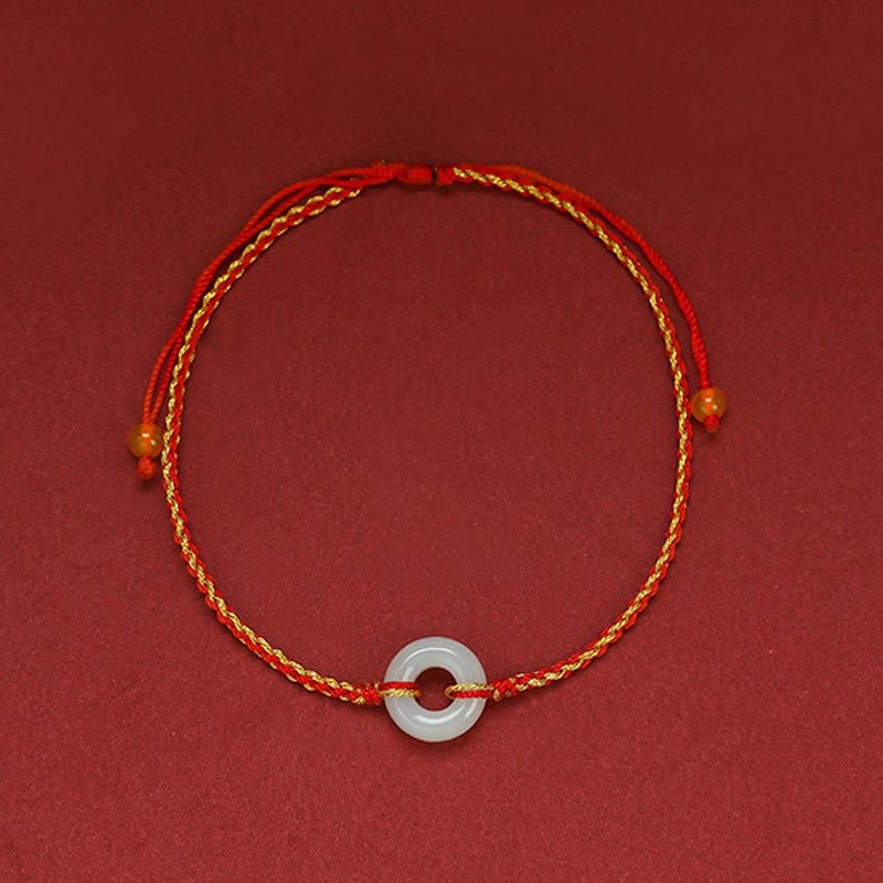 Bracelet de cheville tressé en jade avec boucle ronde de paix et de chance en Buddha Stones