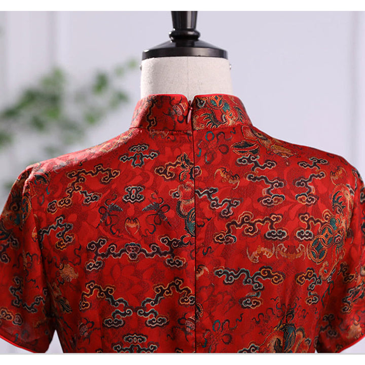 Robe Qipao pour femme avec imprimé feuilles et nuages de bon augure vintage et Buddha Stones