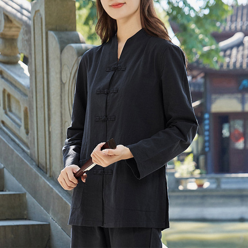 Buddha Stones Spirituelle Zen Pratique Yoga Méditation Prière Uniforme Coton Lin Vêtements Ensemble Femme - Noir - US18，UK/AU22，EU50 (6XL) - image 6