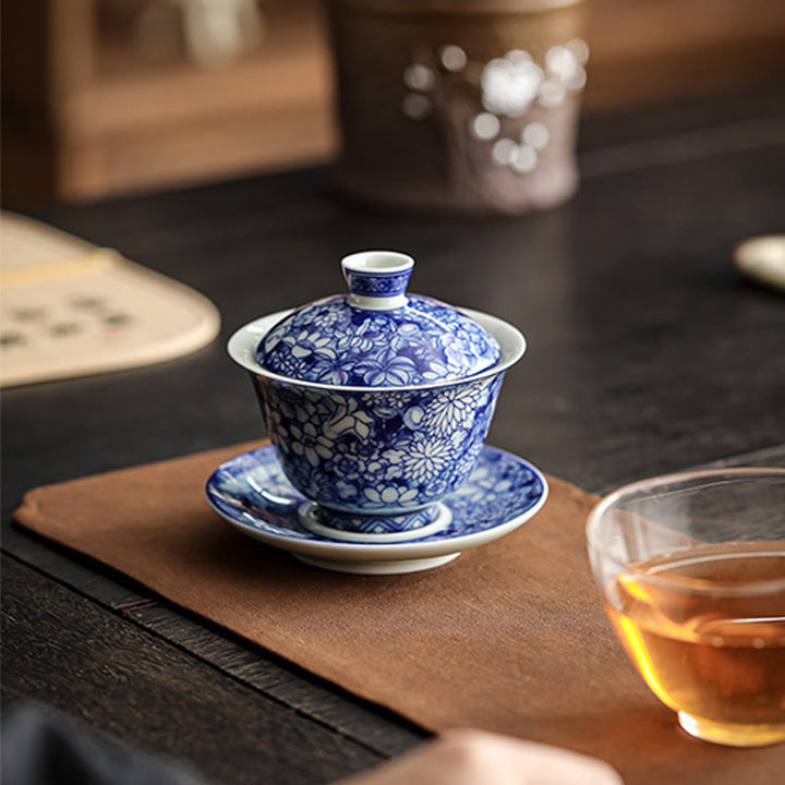 Tasse à thé et soucoupe en porcelaine bleue et blanche vintage en céramique Gaiwan Sancai Kung Fu avec couvercle