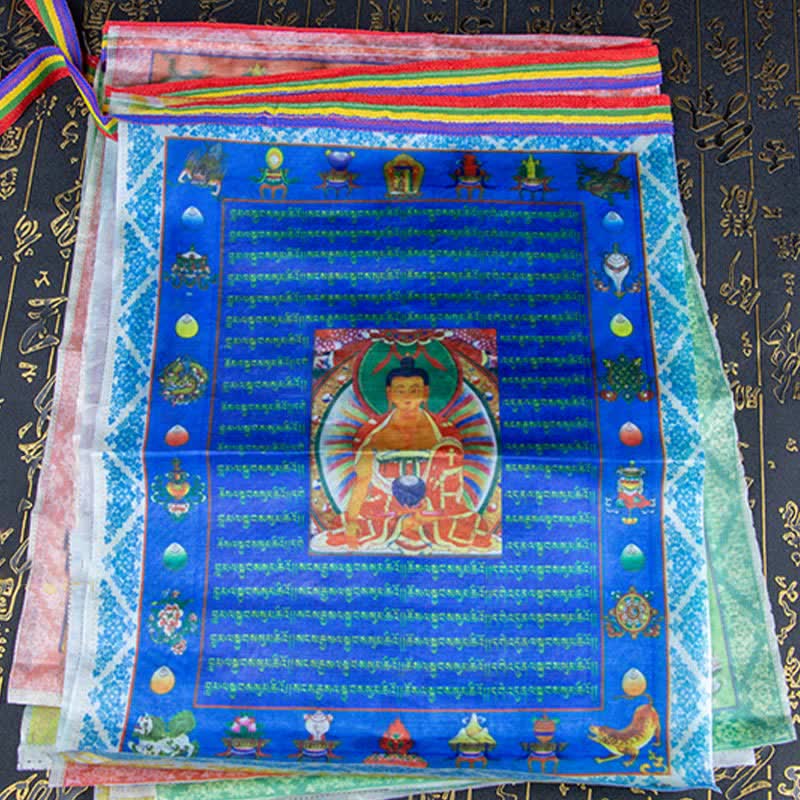 Buddha Stones Drapeau de prière extérieur tibétain à cinq couleurs représentant le Bouddha du Cheval de Vent et Tara, symbole de guérison et de bon augure - image 16