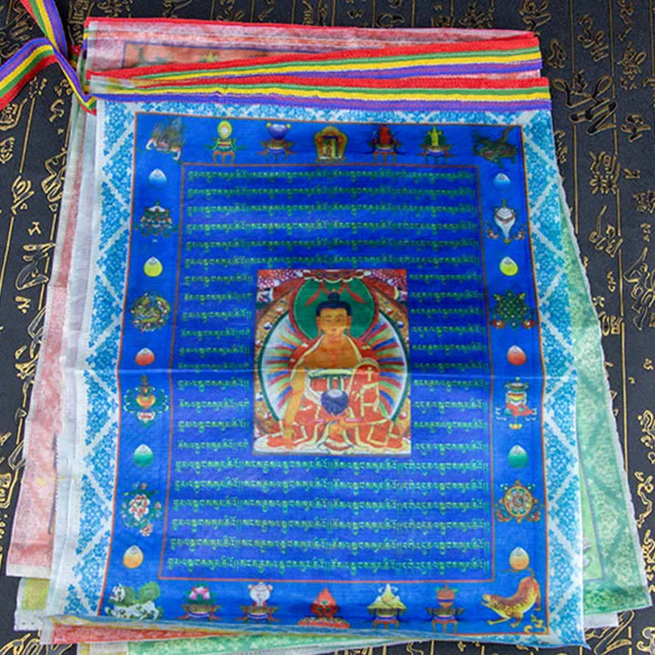 Buddha Stones Drapeau de prière extérieur tibétain à cinq couleurs représentant le Bouddha du Cheval de Vent et Tara, symbole de guérison et de bon augure - image 16