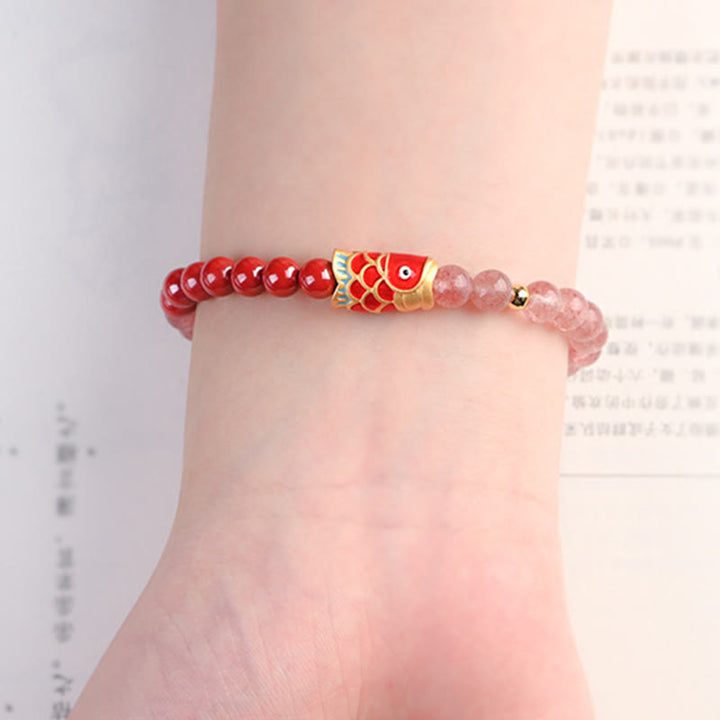 Bracelet de guérison porte-bonheur en quartz fraise et cinabre en Buddha Stones