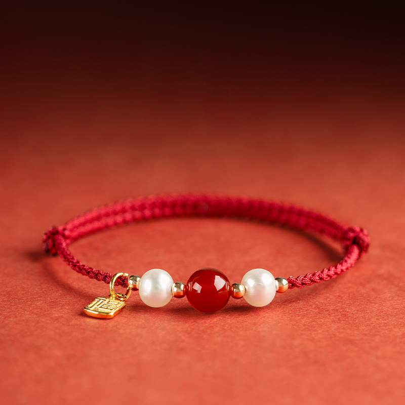 Bracelet tressé en fil rouge avec perles d'agate et personnage Fu en argent sterling 925 et Buddha Stones