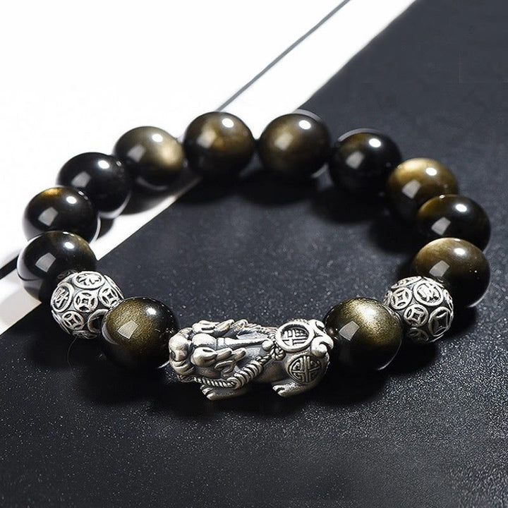 Bracelet de protection de richesse PiXiu en obsidienne naturelle dorée et argent sterling 925 Buddha Stones
