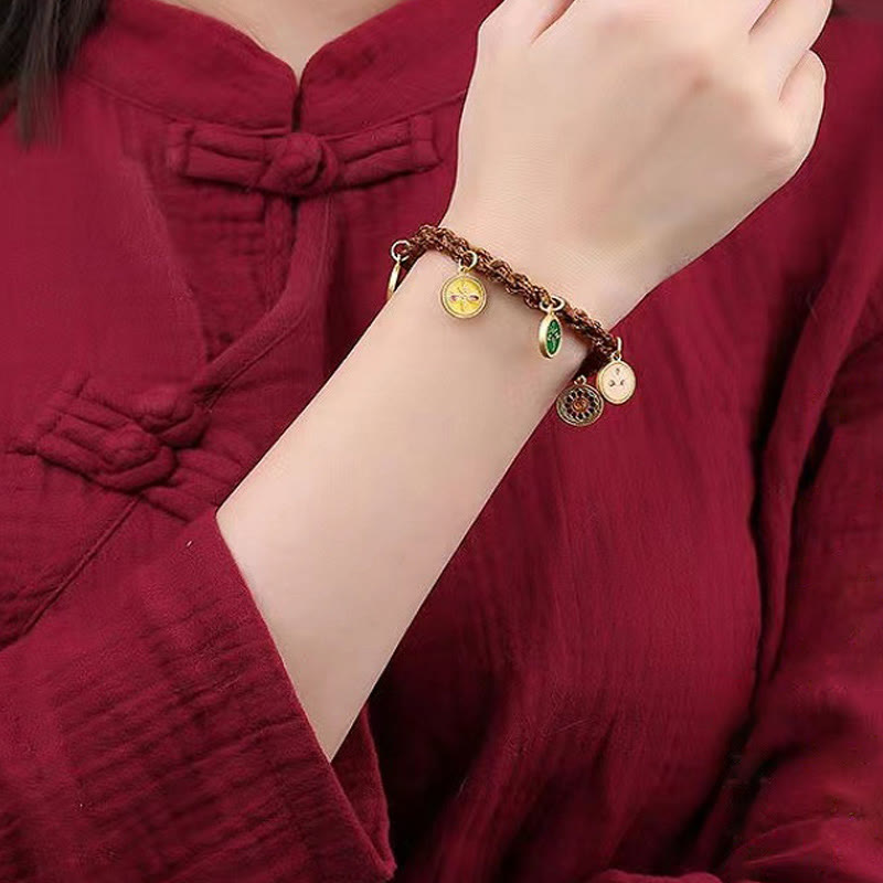 Bracelet Thangka Tibétain en Cordon Tressé Chanceux avec Cinq Dieux de la Richesse