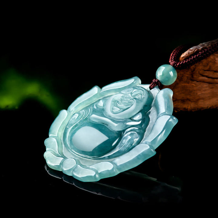 Buddha Stones pendentif porte-bonheur en jade naturel avec motif de lotus et de Bouddha rieur - image 6