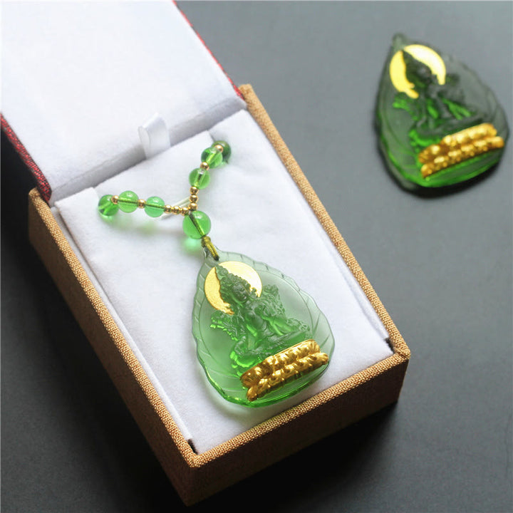 Collier avec pendentif en cristal Liuli plaqué or et Buddha Stones de Bouddha tibétain vert Tara