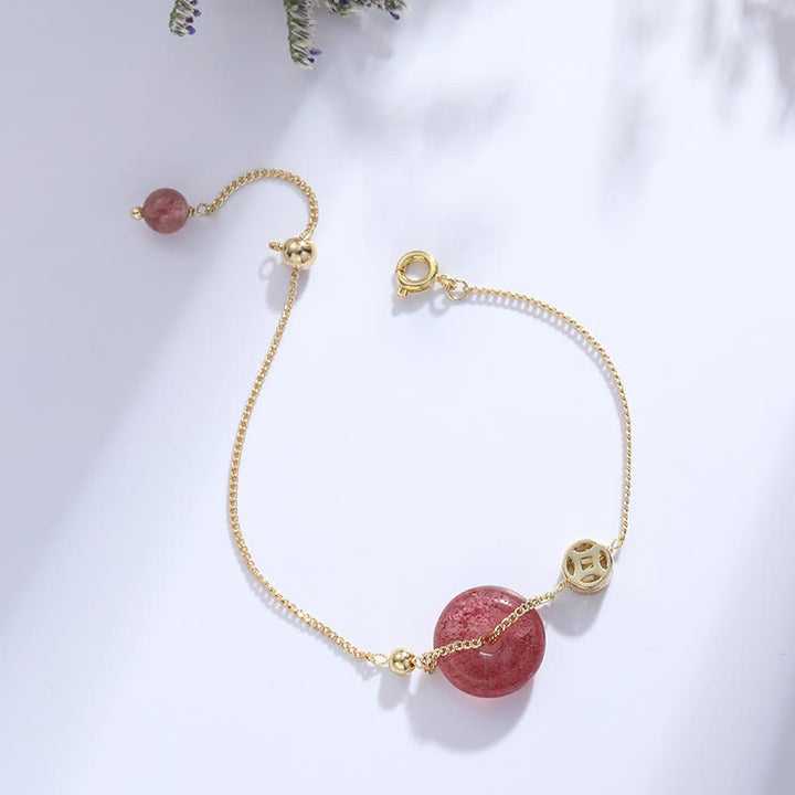 Bracelet d'amour avec boucle de paix et pièce de monnaie en quartz fraise et Buddha Stones