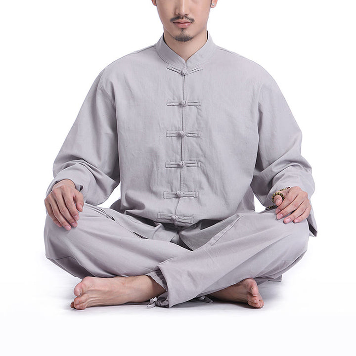 Ensemble pour homme en coton et lin avec boutons en forme de grenouille chinoise et Buddha Stones, méditation, prière, pratique spirituelle zen, yoga - Gris (manches longues) - US/UK/AU44，EU54 (3XL) - image 0