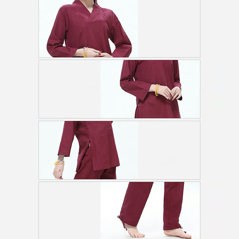 Ensemble de vêtements pour femmes en coton et lin avec Buddha Stones, pratique zen, yoga, méditation, prière, col en V