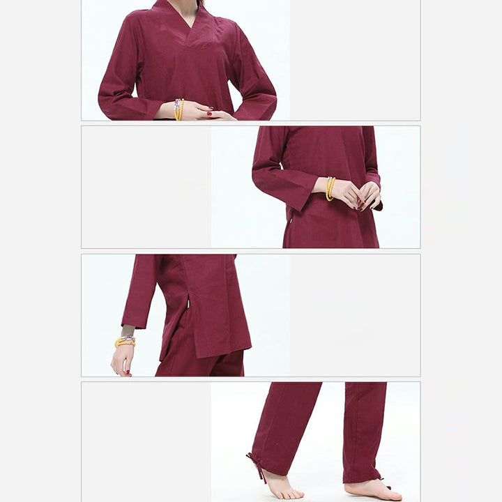 Ensemble de vêtements pour femmes en coton et lin avec Buddha Stones, pratique zen, yoga, méditation, prière, col en V
