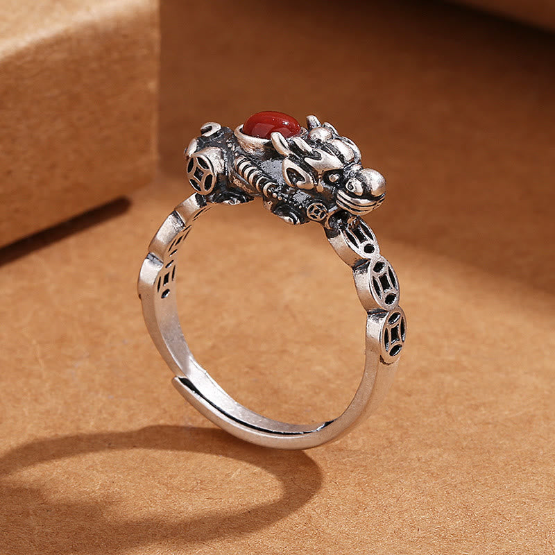 Buddha Stones PiXiu Pièce de monnaie en cuivre Agate rouge Bague de la richesse et de la chance