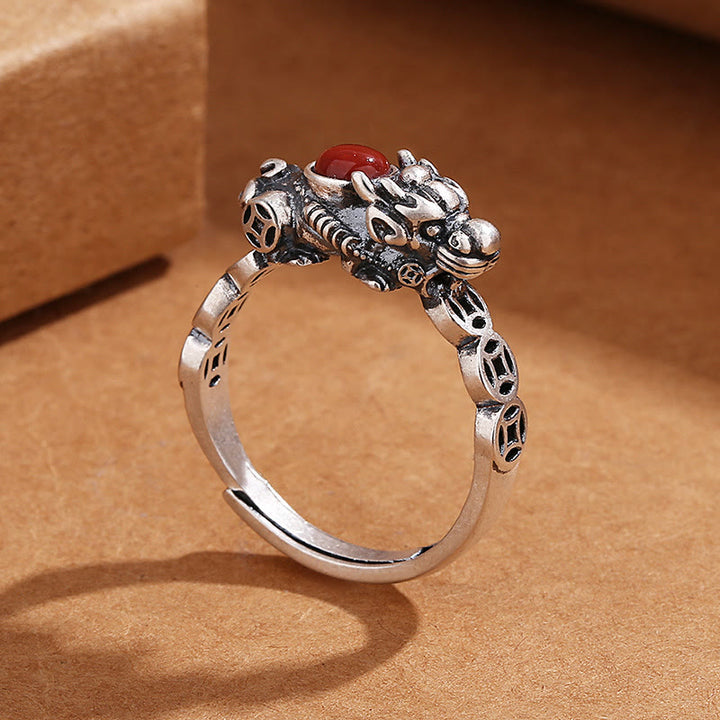 Buddha Stones PiXiu Pièce de monnaie en cuivre Agate rouge Bague de la richesse et de la chance