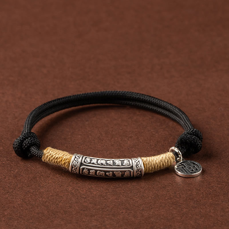 Bracelet tressé en argent sterling 999 fait à la main au Tibet avec Buddha Stones Om Mani Padme Hum Fu et personnage TopRank - Silver Om Mani Padme Hum - Cordon noir (tour de poignet 15-19 cm) - image 3