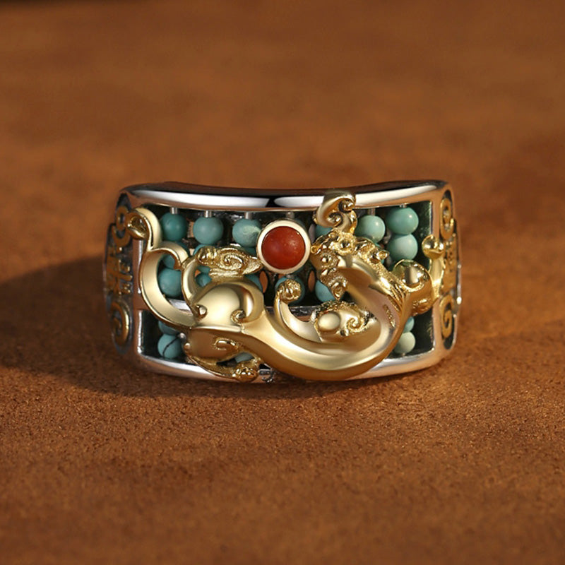 Bague de protection en argent sterling 925 Buddha Stones et agate rouge turquoise PiXiu Abacus - Turquoise (Purification ♥ Protection) - image 0