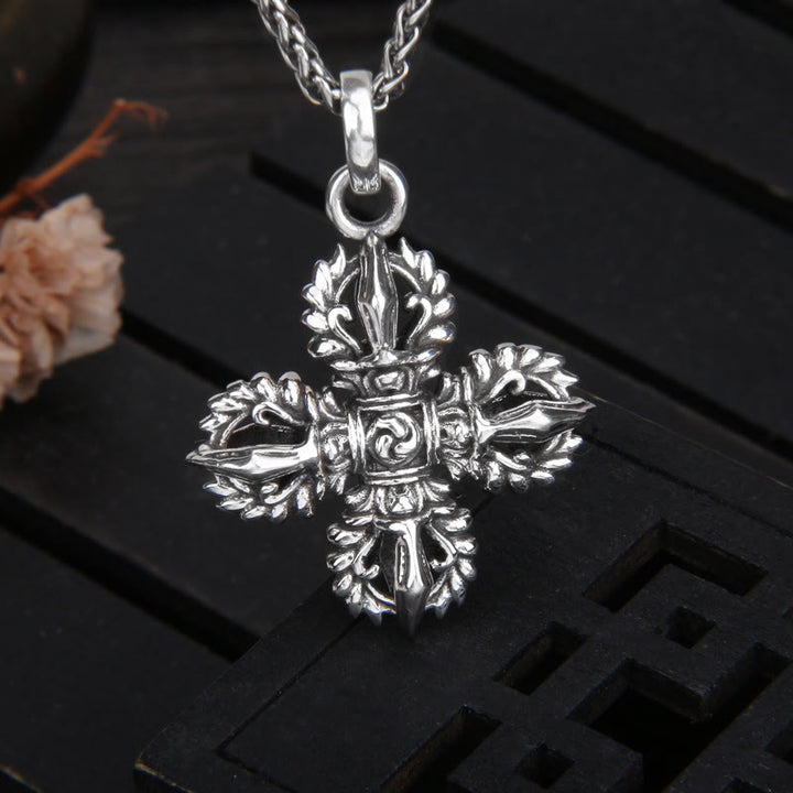 Collier pendentif de force spirituelle double Dorje Vajra en argent sterling 925 Buddha Stones