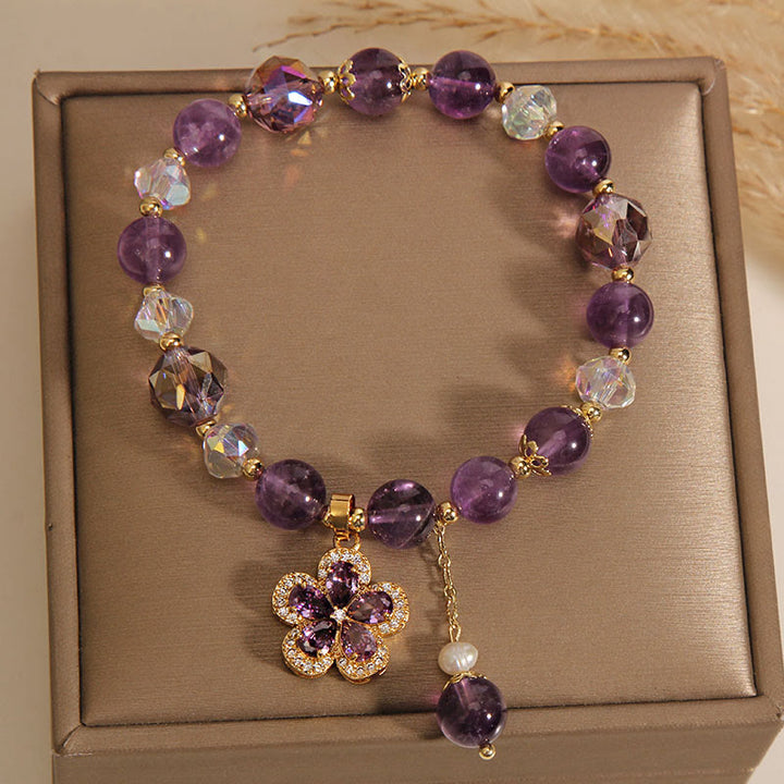 Bracelet de transformation positive avec breloque en forme de fleur et perle d'améthyste naturelle