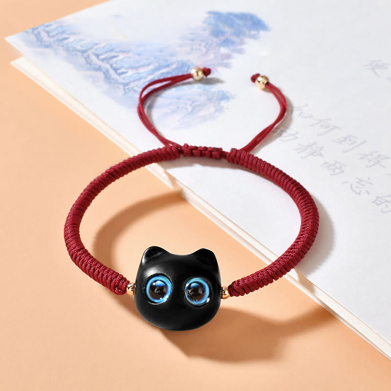 Bracelet tressé en bois d'ébène avec tête de chat et Buddha Stones - Corde rouge foncé (tour de poignet 14-18 cm) - image 1