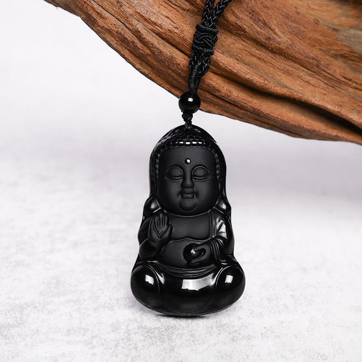 Collier pendentif porte-bonheur en Buddha Stones en cristal d'obsidienne noire naturelle, protection de la force du Bouddha, amulette - image 4