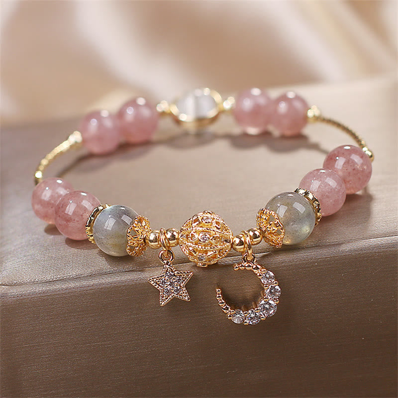Bracelet d'amour en pierre de lune, étoile et lune en quartz fraise et Buddha Stones