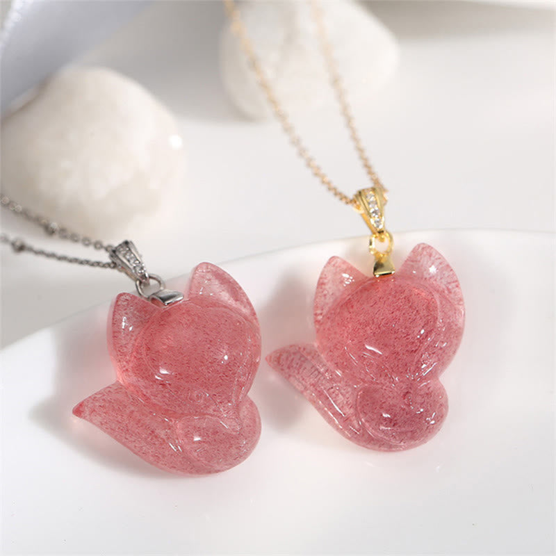 Collier pendentif de guérison en quartz fraise et renard en argent sterling 925 plaqué or 14 carats de Buddha Stones