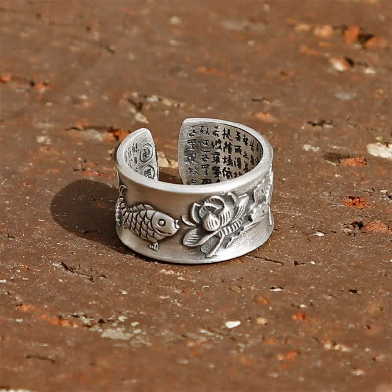 Bague porte-bonheur en argent sterling 999 Buddha Stones et poisson Koi, lotus, cœur, Sutra de la richesse